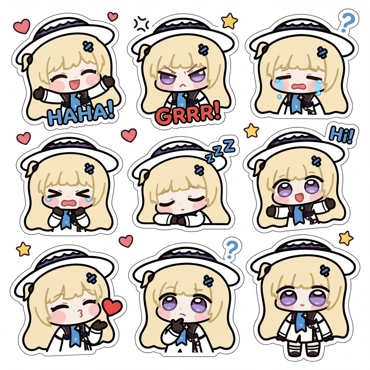 Phoebe, 可爱的Q版卡通贴纸集风格,简洁极简的轮廓,胖乎乎的幼儿体型,表情丰富, 长而笔直的淡金色头发,长及肩膀以下,齐刘海覆盖额头。右侧有一小缕头发扎成微小的侧马尾。, 柔软的苍白肤色...
