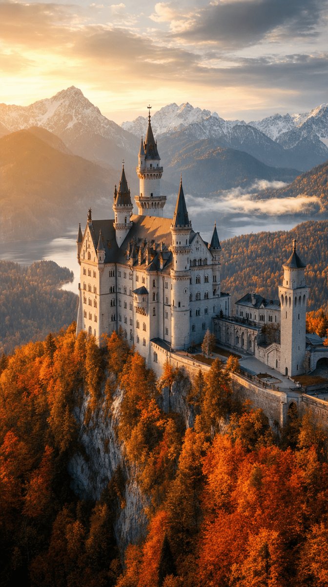 极致电影感的建筑摄影，拍摄对象为[CASTLE]，选取当地最具戏剧性的时间段。超写实的航拍或广角镜头，光照氛围与所在地的气候相匹配，周围的景观富...