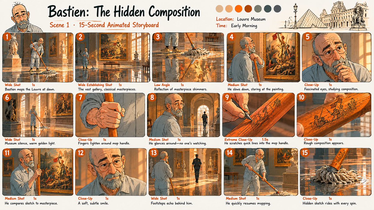 15秒动画分镜图板，《Bastien：隐秘的构图》（Bastien: The Hidden Composition），分镜展示，专业动画提案板，井然有序的分镜网格布局，纯白干净背景，优雅的艺术...