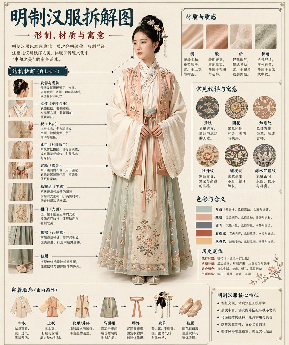 https://t.co/QETfBuhsDW 提示词： 根据我提供的 [主题]，自动生成一份博物馆典藏图录式的中国解构类信息图。 将写实的中央主视觉与结构拆解、中文引线图注、材质说明、纹样寓...