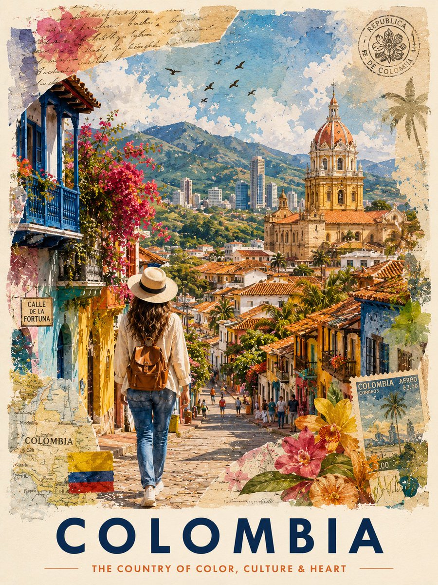 奢华混合水彩拼贴风格的哥伦比亚旅行海报插画，融合优雅的手绘水彩艺术、复古拉丁美洲旅行海报美学以及分层编辑剪贴簿设计。一幅电影感的卡塔赫纳鹅卵石街景，画中满是色彩斑斓的殖民建筑、赤陶屋顶、热带花...