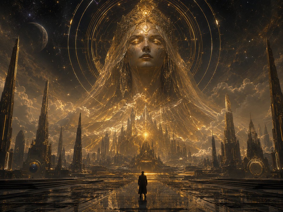 庞大天体的女性实体，高耸于一座巨大的未来主义神圣城市之上，流光溢彩的金色宇宙面纱飘入云端与星辰，被宏大的同心光环几何图形与神圣的天文圆环环绕的熠熠生辉的眼眸，暗黑神话科幻氛围，一名孤独的人影伫...