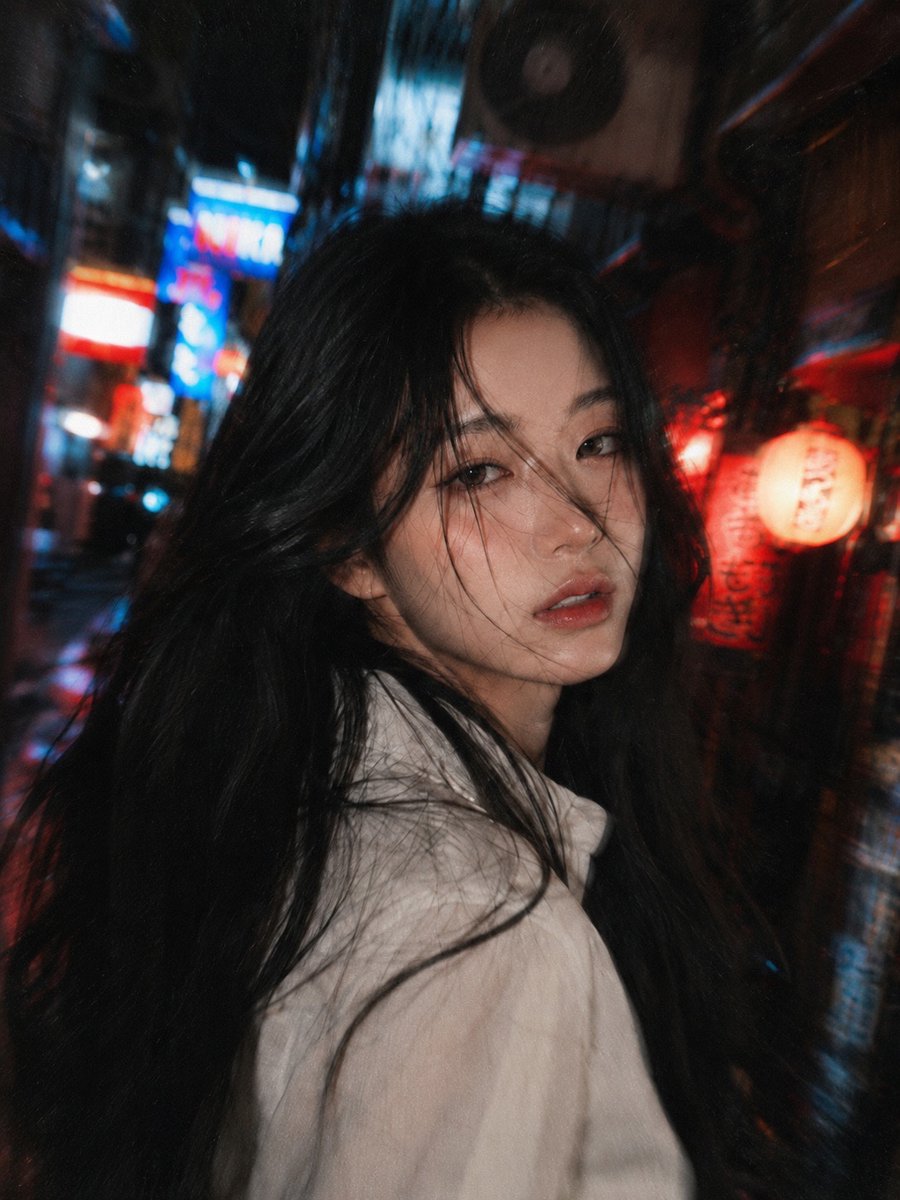 一张高颗粒度、情绪强烈的快照,定格在**狭窄的东京后巷**之中,布满滴水的空调管道、自动售货机的微光,以及居酒屋灯笼的倒影。空气炎热、潮湿,带着电流般的躁动。年轻女子穿着打结的白衬衫和格纹短裙...