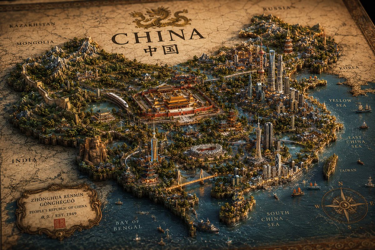 一部电影级超奢华地图集风格的 [COUNTRY] 可视化作品，将其呈现为一个手工制作的微缩世界，无缝融入一张纹理古朴的古老地图表面之中。从这片制图地貌中自然升起的，是一座极其精细的 [CITY...
