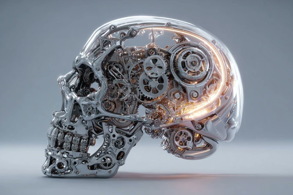 一个机械[subject]，具有中空的骨架结构，展示错综复杂的内部机械、齿轮系统和精密部件。发光的[color1]和[color2]光线从核心内部散发出来，照亮金属框架。背景为平滑的灰色，高度...