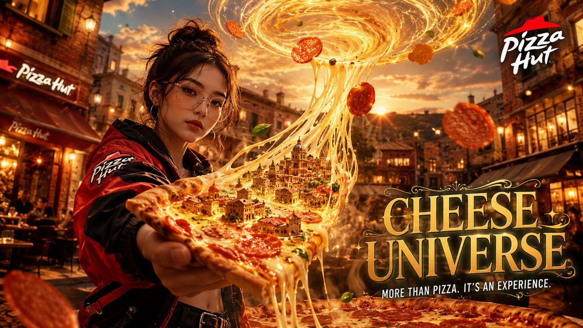 一段超写实电影级美食广告，采用竖屏 9:16 比例，画面中一位时尚年轻女性，身穿现代红黑配色街头风格服饰，戴着透明框眼镜。她手持一片巨大的必胜客披萨切片，朝向镜头方向，并向上方拉起，摆出戏剧性...