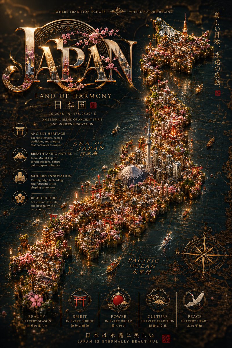 终极病毒式传播电影级国家地图集提示词（主模板） 一幅超高端电影奇幻地图集可视化作品，描绘[COUNTRY]（国家），将其转化为令人叹为观止的纯手工微缩文明，从一幅古老奢华的世界地图中有机地浮现...