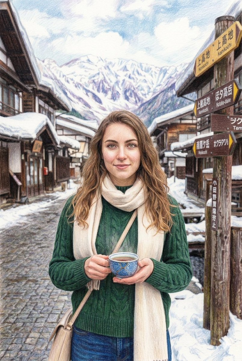 一个中景镜头，描绘一位宁静祥和的高加索女性，留着波浪状的浅棕色长发，有一双富有表现力的绿色眼睛，她面带温柔的微笑，站在一条被白雪覆盖的、充满乡村气息的日本村落街道中央，街道两旁是传统的木质房屋...