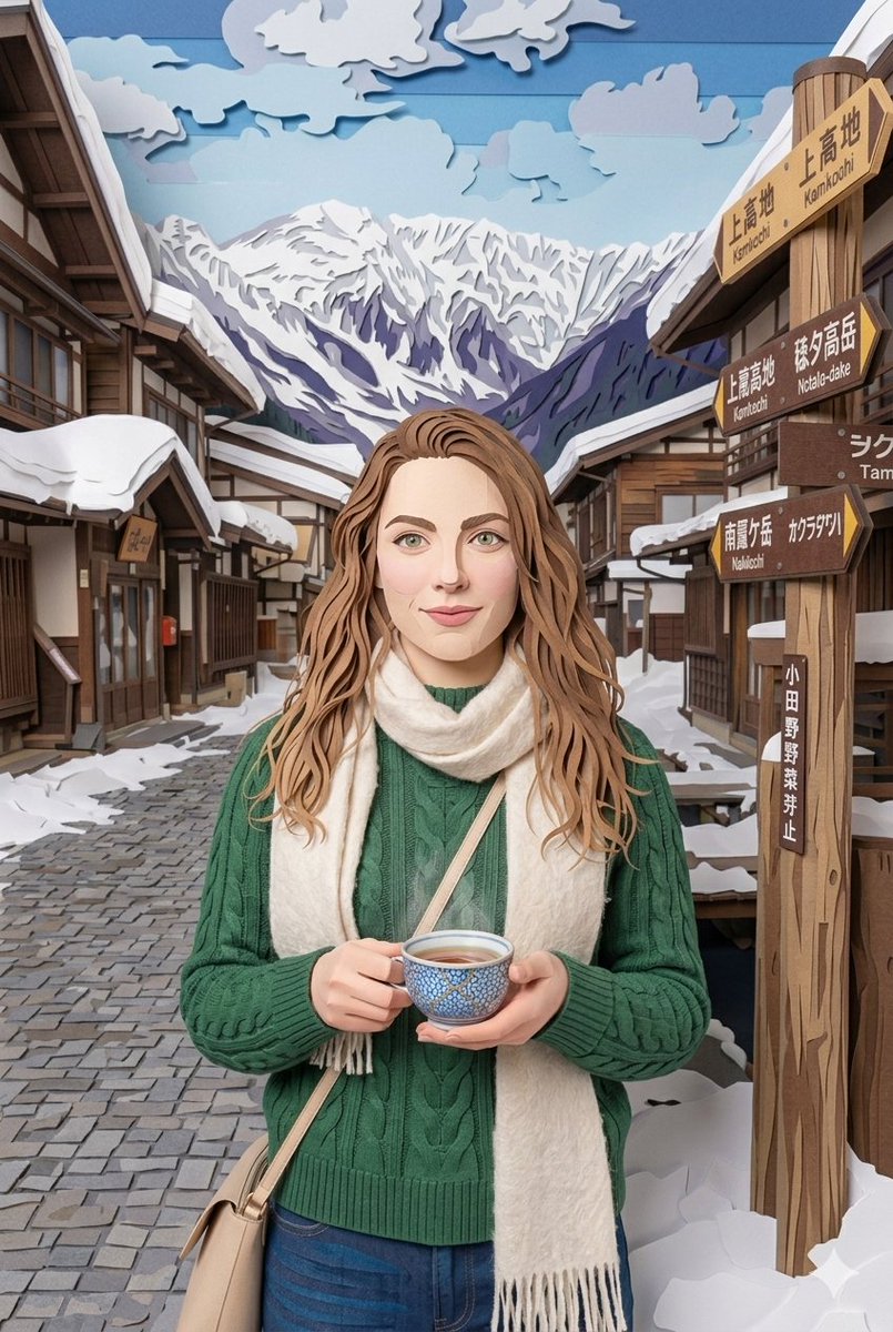 一个中景镜头，描绘一位宁静祥和的高加索女性，留着波浪状的浅棕色长发，有一双富有表现力的绿色眼睛，她面带温柔的微笑，站在一条被白雪覆盖的、充满乡村气息的日本村落街道中央，街道两旁是传统的木质房屋...
