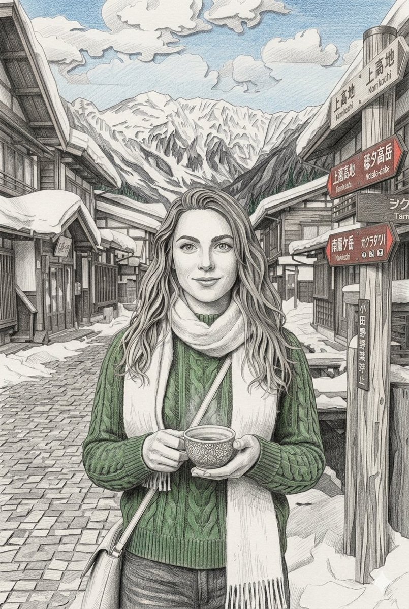 一个中景镜头，描绘一位宁静祥和的高加索女性，留着波浪状的浅棕色长发，有一双富有表现力的绿色眼睛，她面带温柔的微笑，站在一条被白雪覆盖的、充满乡村气息的日本村落街道中央，街道两旁是传统的木质房屋...