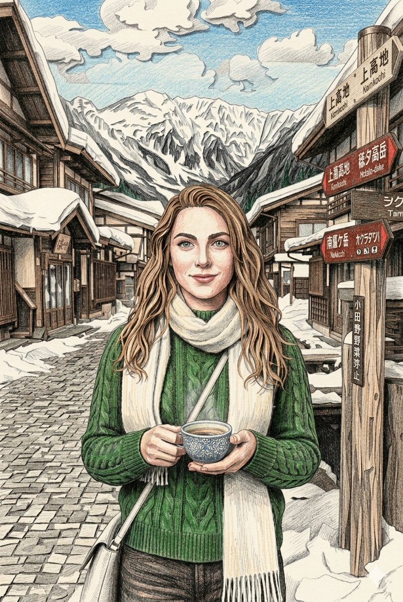 一个中景镜头，描绘一位宁静祥和的高加索女性，留着波浪状的浅棕色长发，有一双富有表现力的绿色眼睛，她面带温柔的微笑，站在一条被白雪覆盖的、充满乡村气息的日本村落街道中央，街道两旁是传统的木质房屋...