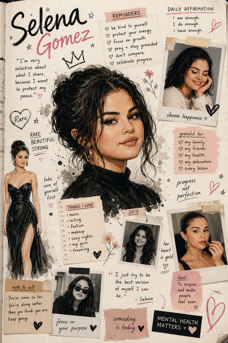 创作一幅令人惊艳的赛琳娜·戈麦斯（Selena Gomez）灵感的日记拼贴海报，采用混合媒介水彩与墨水插画风格。以一幅高度细节化的写实中央肖像为核心，呈现柔和的深棕发色、发光感的肌肤、富有表现...