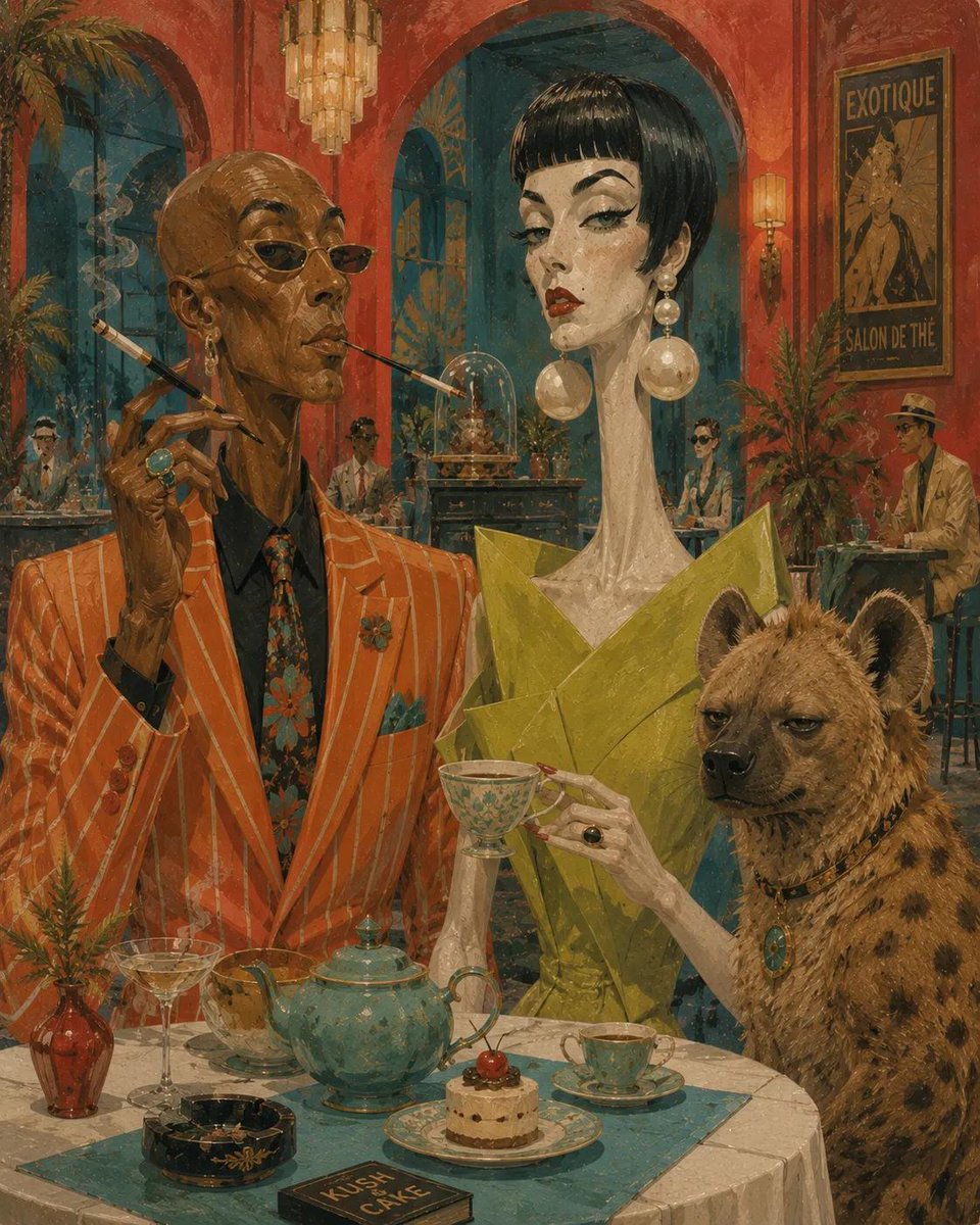 超现实的中世纪编辑插画，画面中有一位古怪的[MAN DESCRIPTION]、一位优雅的[WOMAN DESCRIPTION]以及一只[ANIMAL]，身处一个时髦的[SCENERY]之中；身...