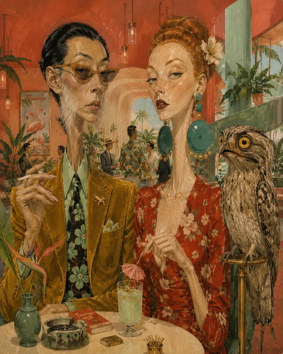 超现实的中世纪编辑插画，画面中有一位古怪的[MAN DESCRIPTION]、一位优雅的[WOMAN DESCRIPTION]以及一只[ANIMAL]，身处一个时髦的[SCENERY]之中；身...