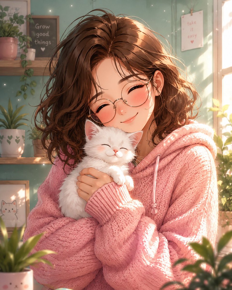 GPT Image 2 on ChatGPT Prompt⤵️ 轻松愉快的动漫风格插画，中景镜头，一位年轻女子在温馨的阳光房间里抱着一只小猫。她看起来十八九岁到二十出头，肩部长而浓密的波浪状棕...