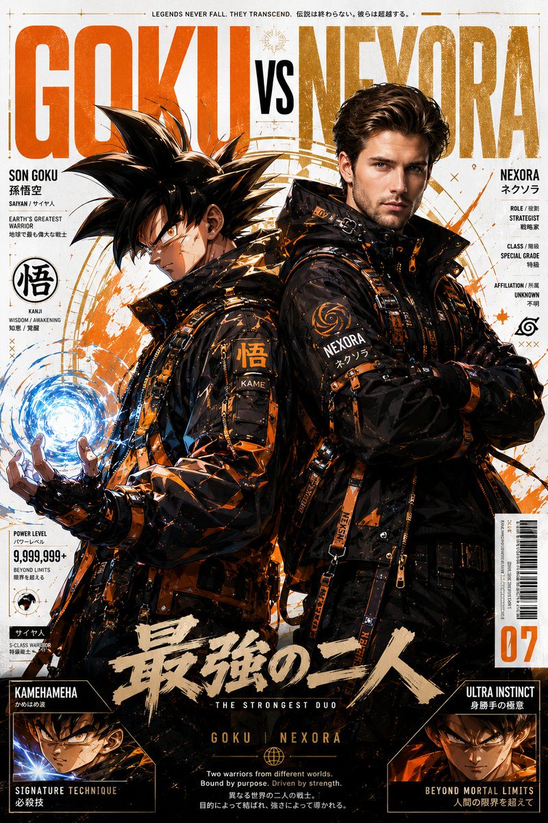 一张病毒式传播的超高端动漫×奢侈时尚跨界海报，画面中[ANIME CHARACTER NAME]（动漫角色名）与上传的人物作为标志性搭档，共同置身于一个未来主义的日系赛博街头服饰宇宙之中。 整...