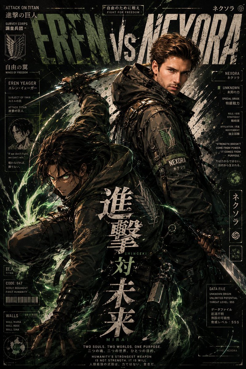 一张病毒式传播的超高端动漫×奢侈时尚跨界海报，画面中[ANIME CHARACTER NAME]（动漫角色名）与上传的人物作为标志性搭档，共同置身于一个未来主义的日系赛博街头服饰宇宙之中。 整...