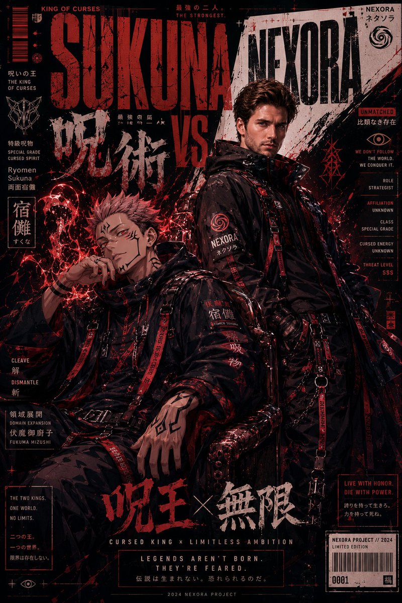 一张病毒式传播的超高端动漫×奢侈时尚跨界海报，画面中[ANIME CHARACTER NAME]（动漫角色名）与上传的人物作为标志性搭档，共同置身于一个未来主义的日系赛博街头服饰宇宙之中。 整...