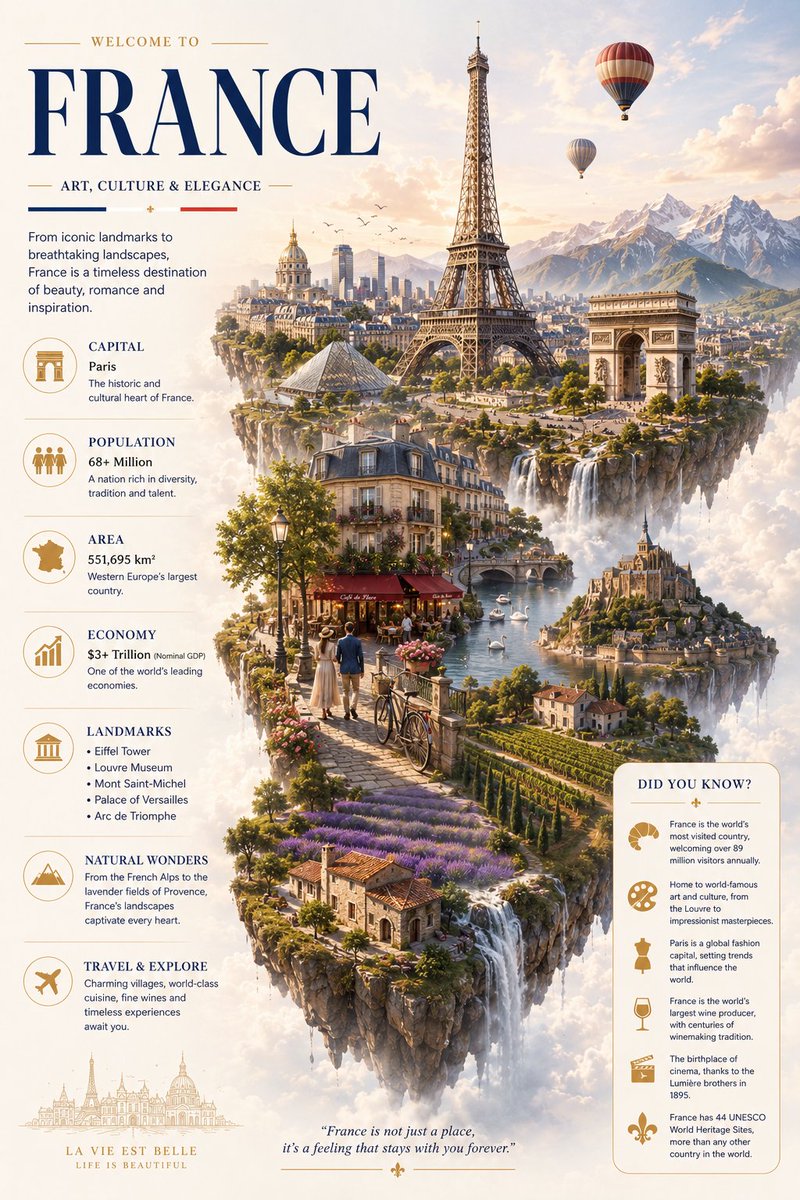 GPT Image 2 on ChatGPT 极简风格电影感信息图海报：FRANCE(法国)，优雅的悬浮岛屿漂浮在柔和的金色云海之中，奢华的编辑级旅行设计，明亮通透的氛围配以温暖的巴黎日落光线...