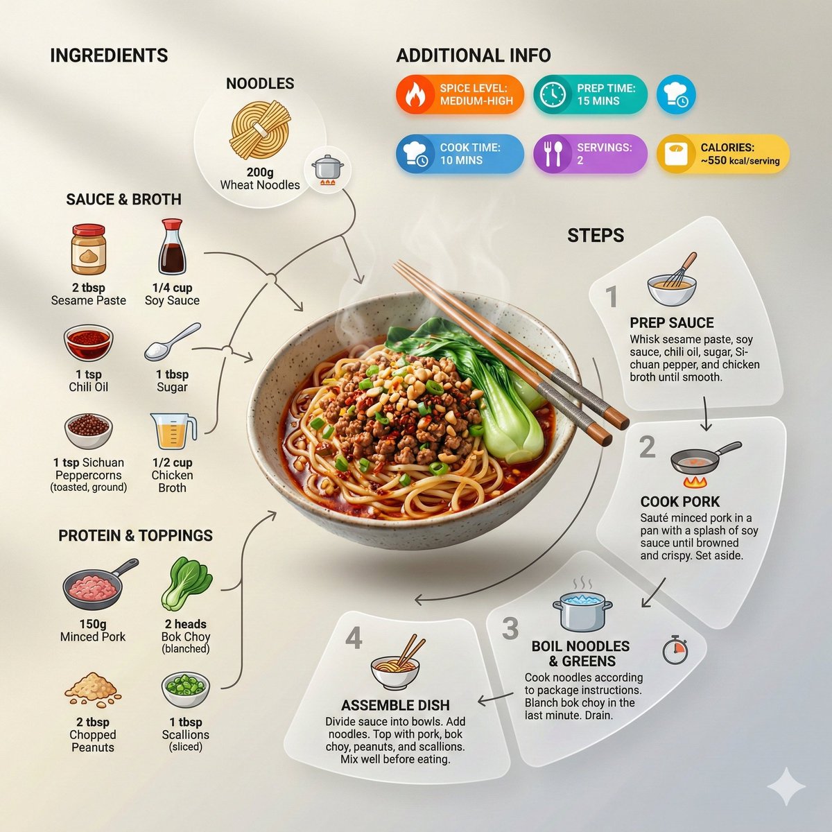 超干净现代风格的食谱信息图,以面条为主角。以倾斜或透视角度展示成品碗面(切分、装盘或分份),呈现微妙的悬浮层次感,而非扁平的俯视视角。在餐盘周围,动态编辑式地布局食材、步骤和可选信息。 食材区...