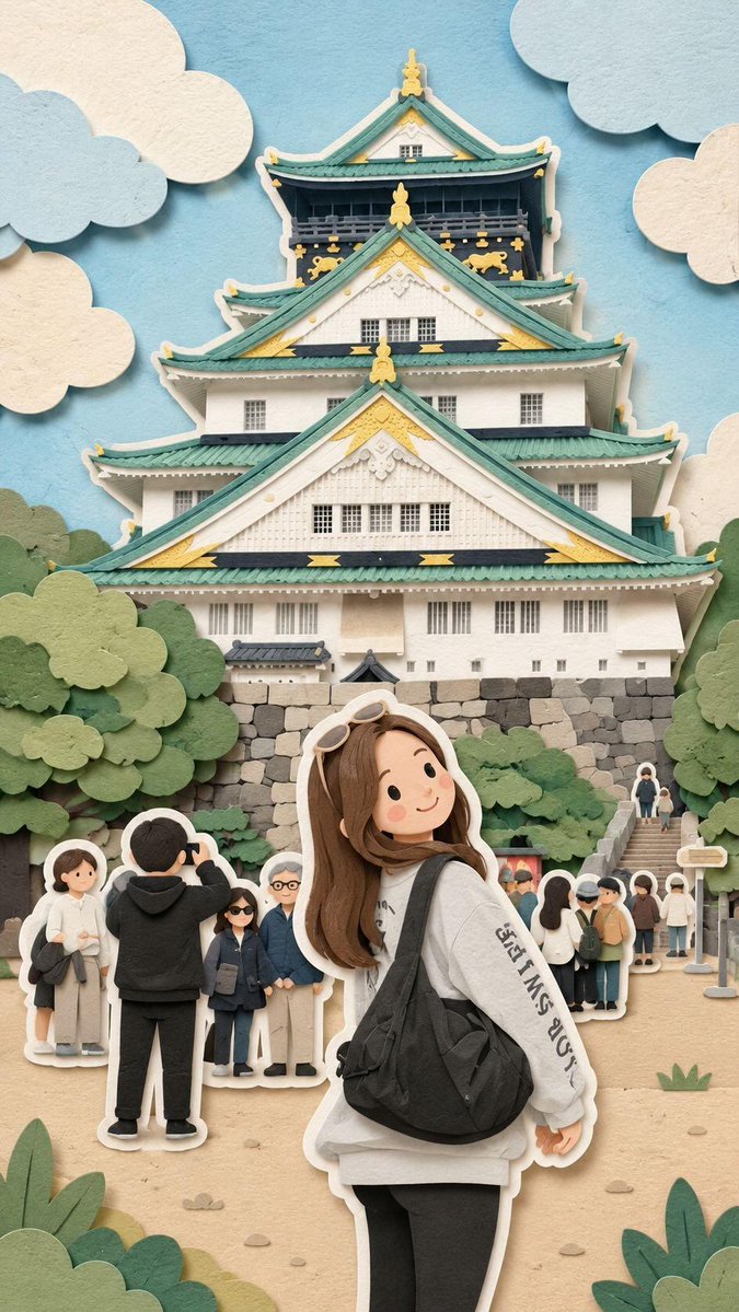 奇趣可爱的旅行立体场景，可爱的剪纸艺术风格，以动漫为灵感的可爱女孩旅行者，有着柔和圆润的脸蛋、红润的脸颊、棕色长波浪卷发、宽松休闲的服装，背着黑色单肩包，站在日本著名旅游景点和奇幻城堡之中，层...