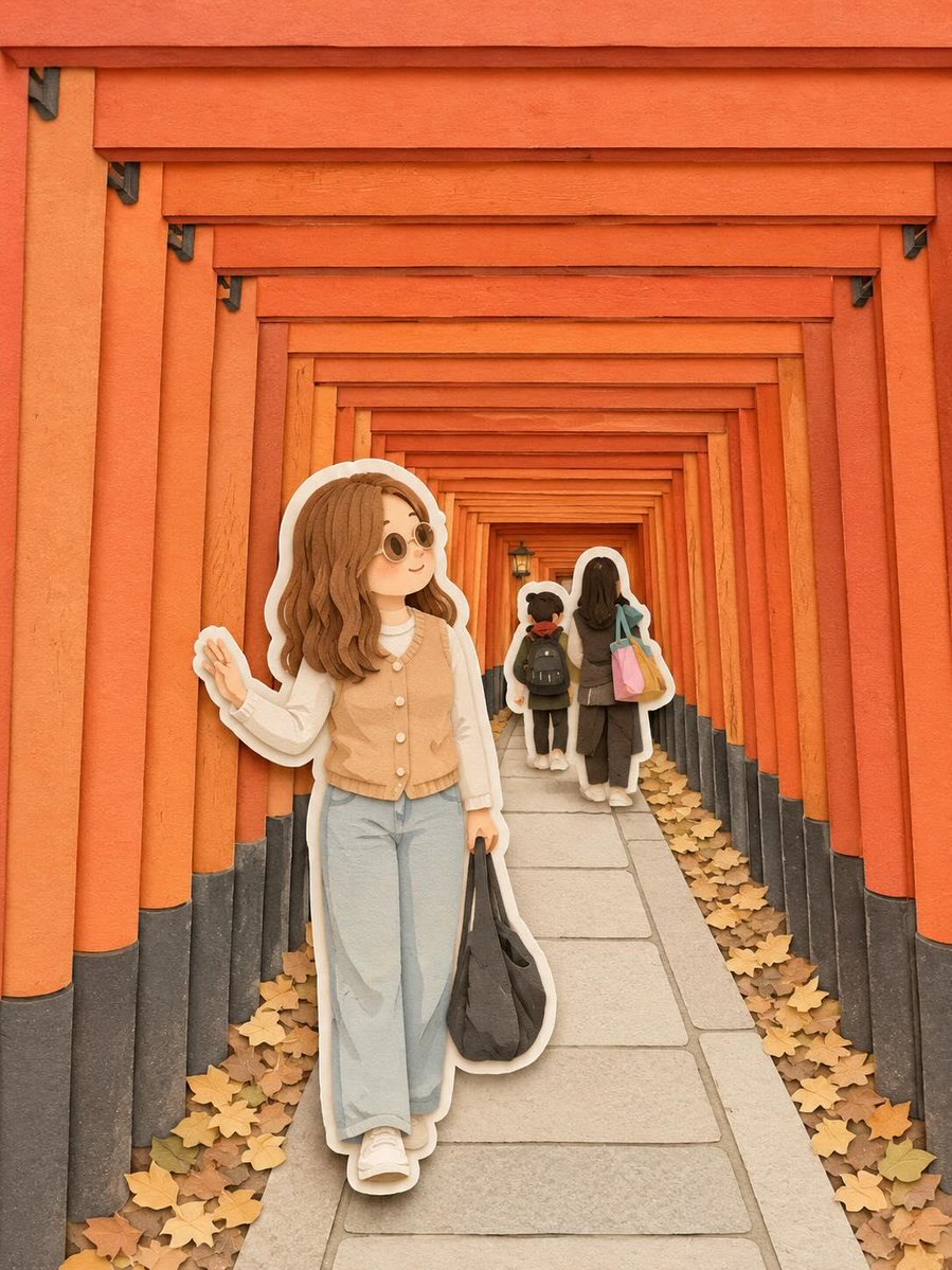 奇趣可爱的旅行立体场景，可爱的剪纸艺术风格，以动漫为灵感的可爱女孩旅行者，有着柔和圆润的脸蛋、红润的脸颊、棕色长波浪卷发、宽松休闲的服装，背着黑色单肩包，站在日本著名旅游景点和奇幻城堡之中，层...