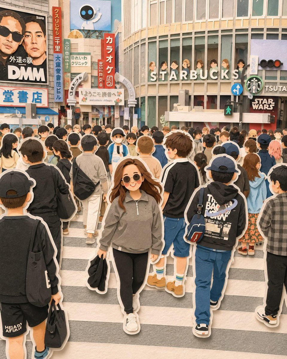 奇趣可爱的旅行立体场景，可爱的剪纸艺术风格，以动漫为灵感的可爱女孩旅行者，有着柔和圆润的脸蛋、红润的脸颊、棕色长波浪卷发、宽松休闲的服装，背着黑色单肩包，站在日本著名旅游景点和奇幻城堡之中，层...