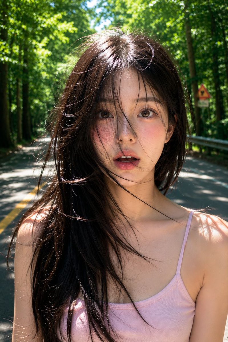 超写实电影感美妆肖像,一位年轻韩国女性,柔软水润的玻璃肌,自然粉红腮红,光泽渐变唇彩,细腻雀斑,蓬松凌乱的碎刘海半遮面容,深色长发随风飘扬,梦幻天真的表情,带有柔和眼神光的精致棕色眼睛,粉彩韩...
