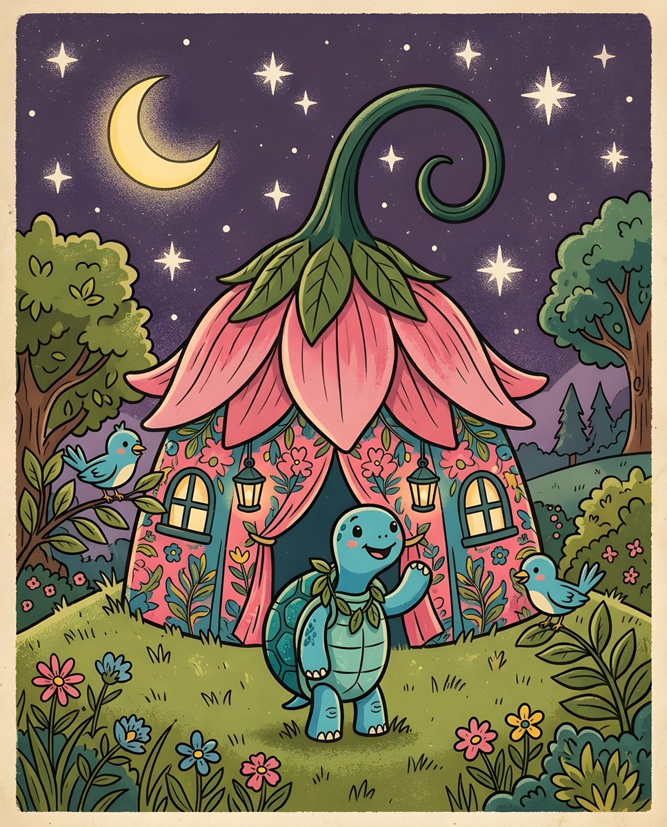 一幅复古风格的卡通插画描绘了一只蓝色乌龟，站在一个粉色的花朵状帐篷状结构前。该结构覆盖着粉色的花瓣状屋顶，屋顶顶端是一根巨大的绿色弯曲茎秆。乌龟两侧各有一只蓝色小鸟。背景是深紫色的夜空，配有黄...