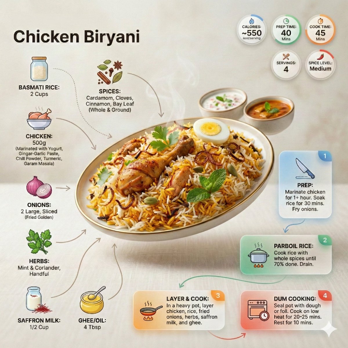 现代编辑风格食谱信息图。主角是一盘装盘完成的印度比尔亚尼饭（biryani），以诱人的成品形式呈现，采用轻微的透视或倾斜视角，而非平铺的俯视。在菜肴周围，以动态的编辑构图排布食材、制作步骤和小...