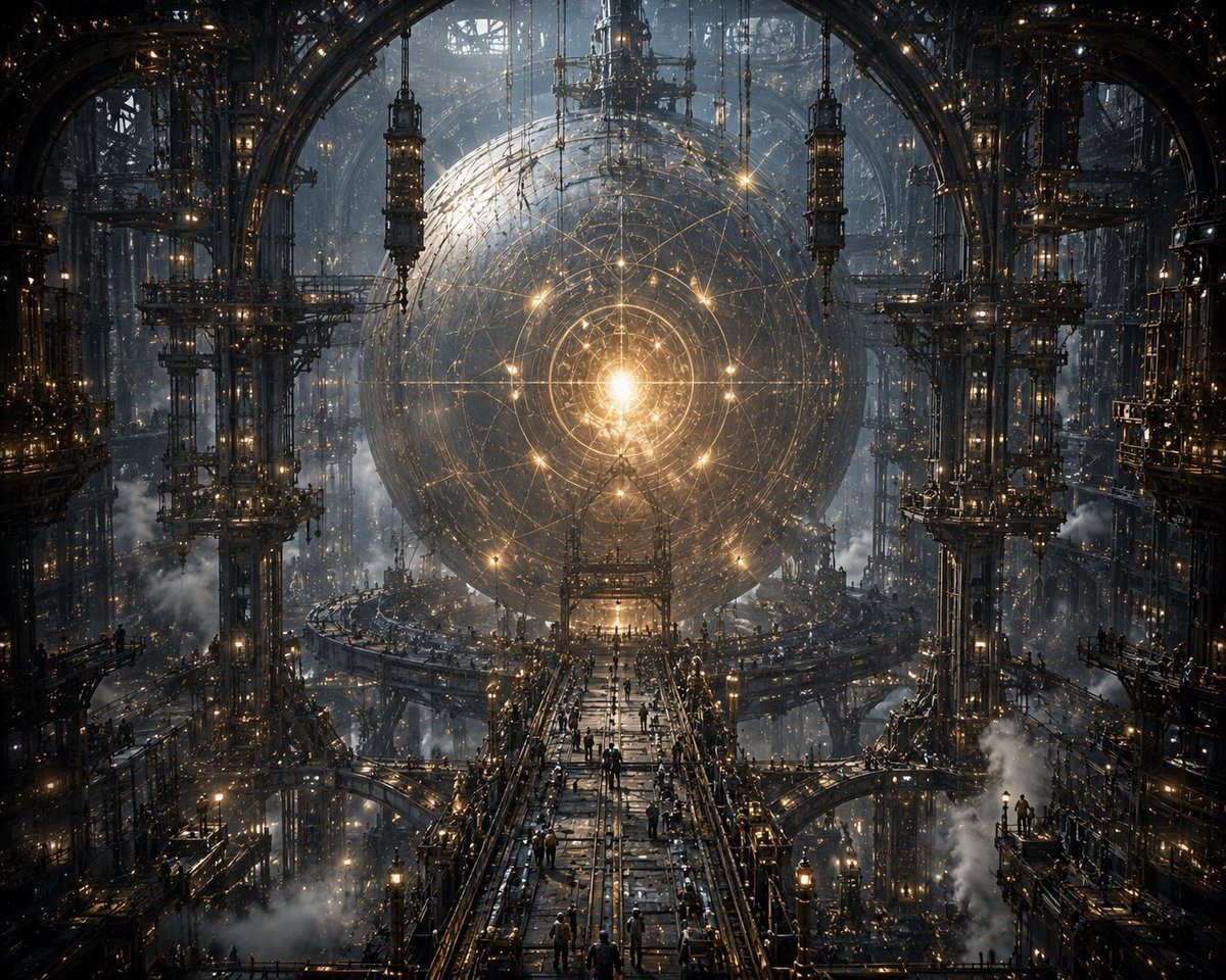 提示词分享：欢迎使用、展示、分享、尝试……等等，尽情玩转吧 生成图片 一座宏伟的宇宙工业巨型结构，以一个巨大的发光金属球体为中心，悬浮在广袤的、教堂般的机械建筑之中；庞大的脚手架网络和悬挂系统...