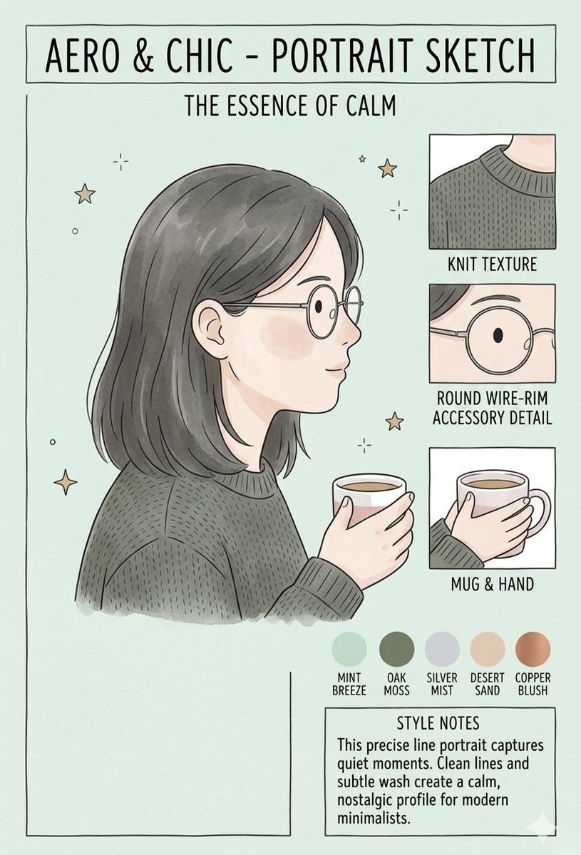 一张极简风格的人物肖像速写图，呈现干净利落的"Aero & Chic"美学。画面包含两位人物——一位中长深色头发女性的侧面像，以及一位深色整齐分缝头发男性的正面像——两人都戴着圆形细框...