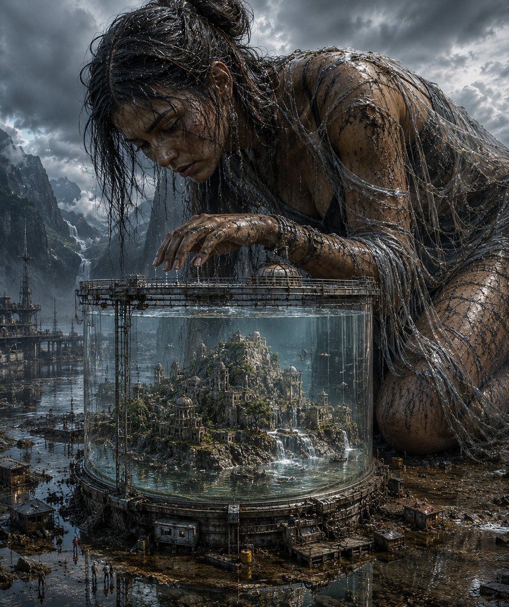一个疲惫不堪的巨型女人蜷缩在一个透明的玻璃密封容器旁边，容器中装着一座微缩的岛屿文明，精致而脆弱的岩石地形和微小的建筑结构被封闭在充满水的容器内，这位庞大的身影披着半透明的蛛网状有机物质，浑身...