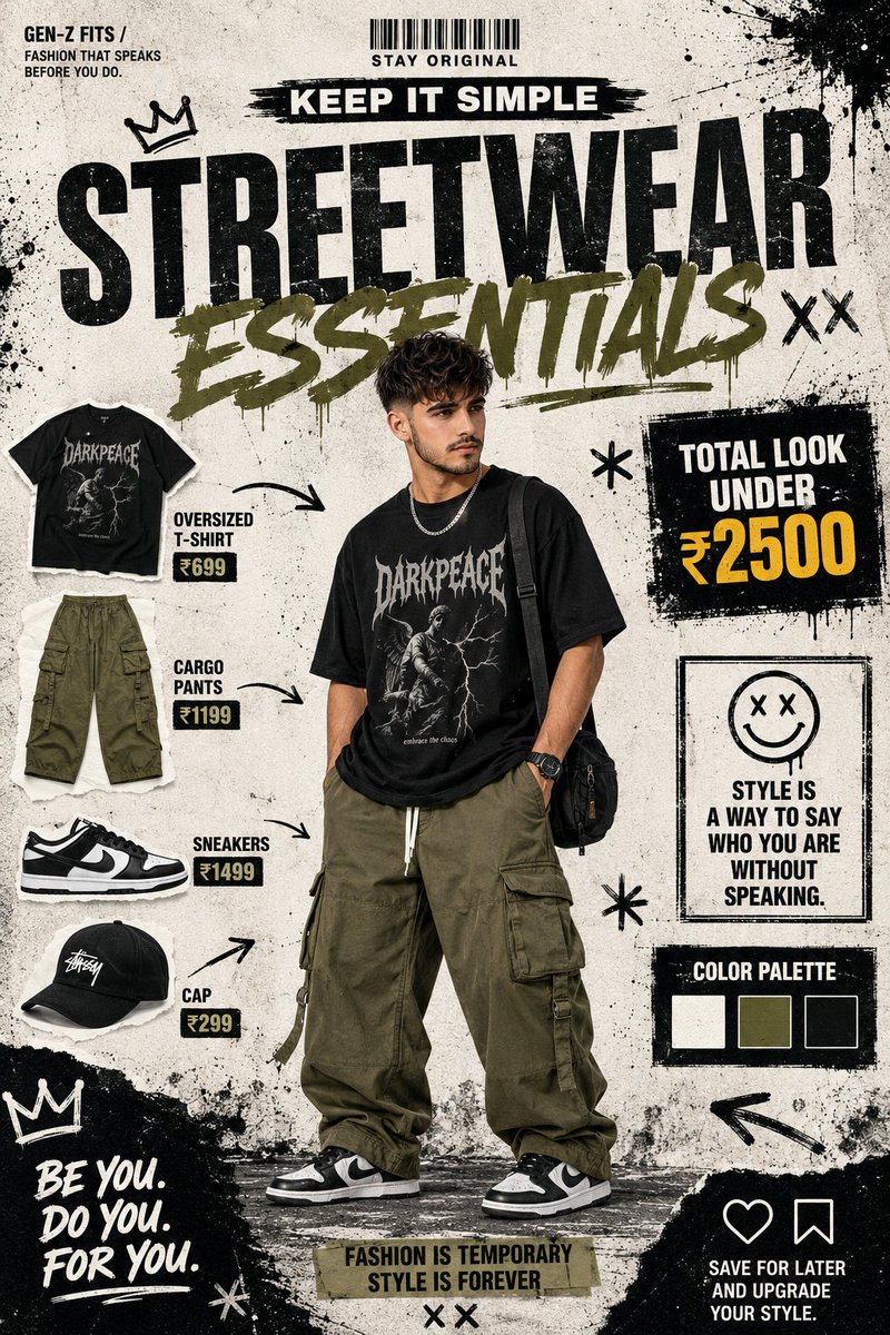 一张 Gen-Z 街头服饰时尚海报，采用粗粝的城市平面设计风格，以白色/米白色做旧背景，画面中遍布黑色墨水飞溅、笔刷笔触和做旧纹理。中心主体：一位年轻的印度男性，表情自信冷酷，带着一丝轻佻的坏...
