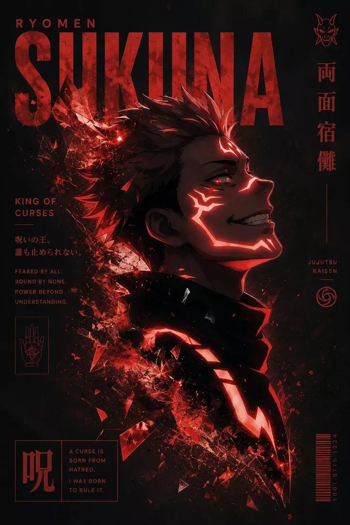 深色动漫风格海报，男性角色，粉红色尖刺状头发，侧脸仰望，露出自信的咧嘴笑容并显出牙齿。面部、颈部和胸口有发光的红色部落诅咒纹路。背景为黑色，伴随碎裂的玻璃和从左侧爆裂开来的红色发光碎片。高对比...