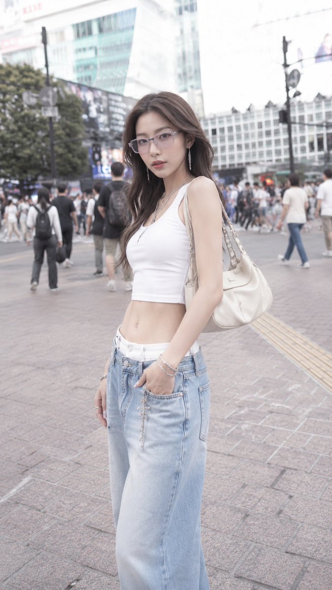图片中是一位诱人而惊艳美丽的20岁日本或韩国女性，身材高挑纤细，拥有时尚模特般的长腿，线条纤细优雅，四肢修长比例匀称，运动感与女性气质兼具的精致线条，身形轻盈均衡，呈现出精致编辑级时尚比例；面...