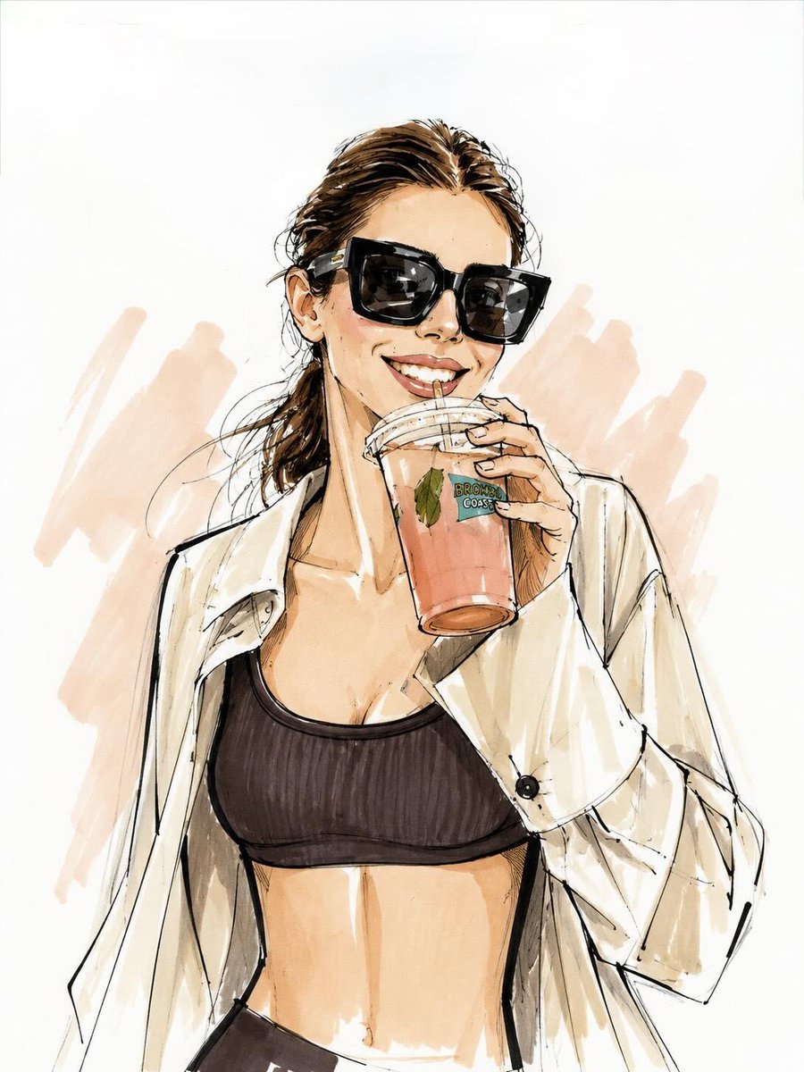 将这张照片变成 Vogue 风格的时尚插画，保留人物身份和面部特征。极简手绘时装素描，拥有优雅修长的比例、大胆的黑色墨水轮廓、松散自信的线条、扁平马克笔色彩、抽象的腮红点缀、图形化的嘴唇、风格...