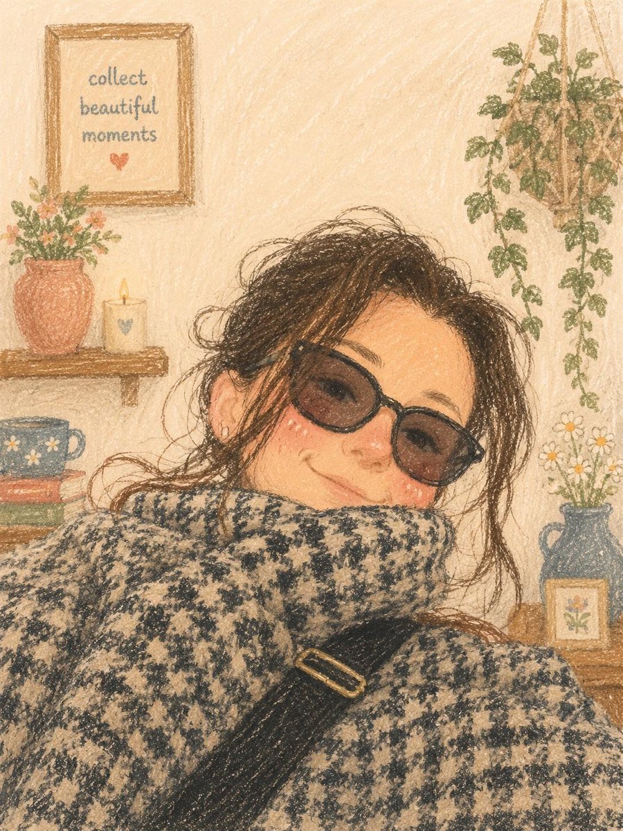 可爱温馨的油画棒插画，柔软有质感的蜡笔艺术风格，少女美学的自拍肖像，温暖田园风格的卧室氛围，梦幻手绘数字绘画，复古童书插画风格，柔和的粉彩色调，柔和的颗粒纸张质感，可爱纯真的美学，舒适的生活方...