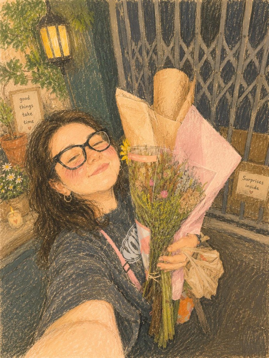 可爱温馨的油画棒插画，柔软有质感的蜡笔艺术风格，少女美学的自拍肖像，温暖田园风格的卧室氛围，梦幻手绘数字绘画，复古童书插画风格，柔和的粉彩色调，柔和的颗粒纸张质感，可爱纯真的美学，舒适的生活方...
