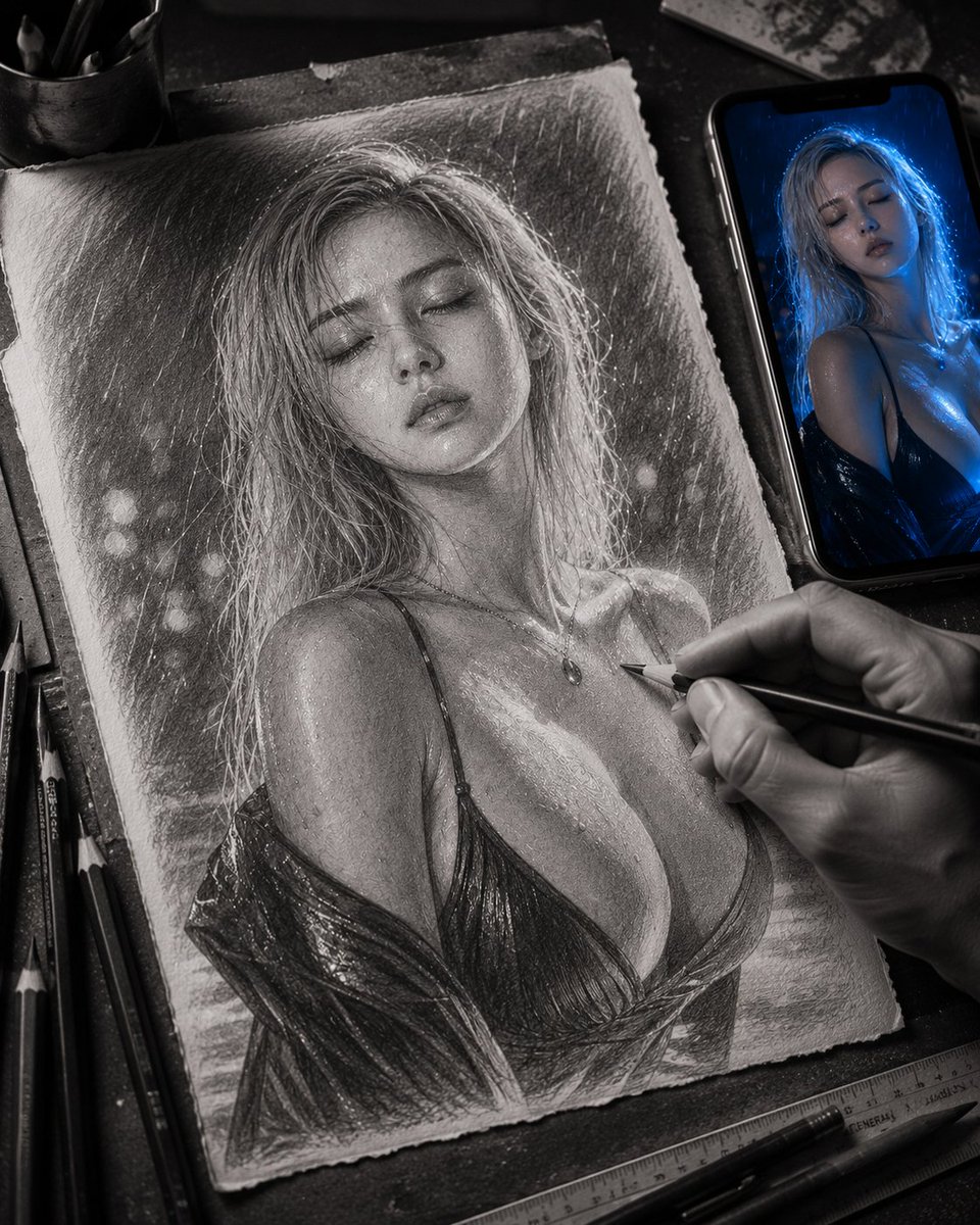 超精细的石墨铅笔素描，描绘一位美丽的女孩，留着短而凌乱的黑波波头，柔和的雀斑，大而有神的眼睛，佩戴圈形耳环，嘴唇光泽亮丽，身穿黑色高领衫和米色大衣。在有纹理的纸张上进行逼真的手绘，可见铅笔笔触...