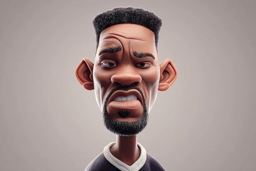[名人]的高度风格化3D caricature，有着超大的头部、表情丰富的面部特征和充满趣味的夸张效果。以平滑精致的风格渲染，材质干净，环境光柔和。采用极简背景来突出角色的魅力和存在感。快来试...