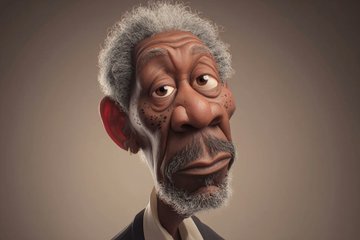 [名人]的高度风格化3D caricature，有着超大的头部、表情丰富的面部特征和充满趣味的夸张效果。以平滑精致的风格渲染，材质干净，环境光柔和。采用极简背景来突出角色的魅力和存在感。快来试...