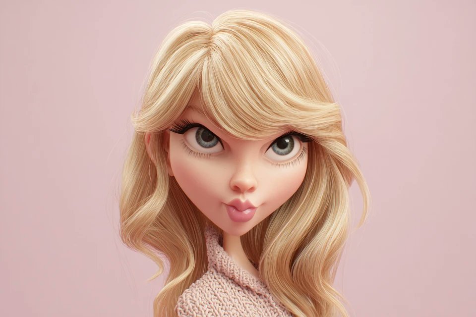 [名人]的高度风格化3D caricature，有着超大的头部、表情丰富的面部特征和充满趣味的夸张效果。以平滑精致的风格渲染，材质干净，环境光柔和。采用极简背景来突出角色的魅力和存在感。快来试...