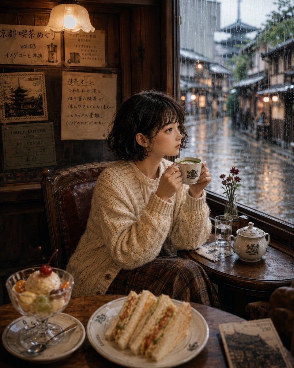 超写实日本女性,坐在京都一家复古咖啡馆内,外面下着雨,身穿米色超大号开衫和格纹长裙,在雾气蒙蒙的窗户旁捧着一杯温热的抹茶拿铁,真实木质内饰搭配复古灯具和手写日语菜单板,电影摄影风格,柔和自然的...