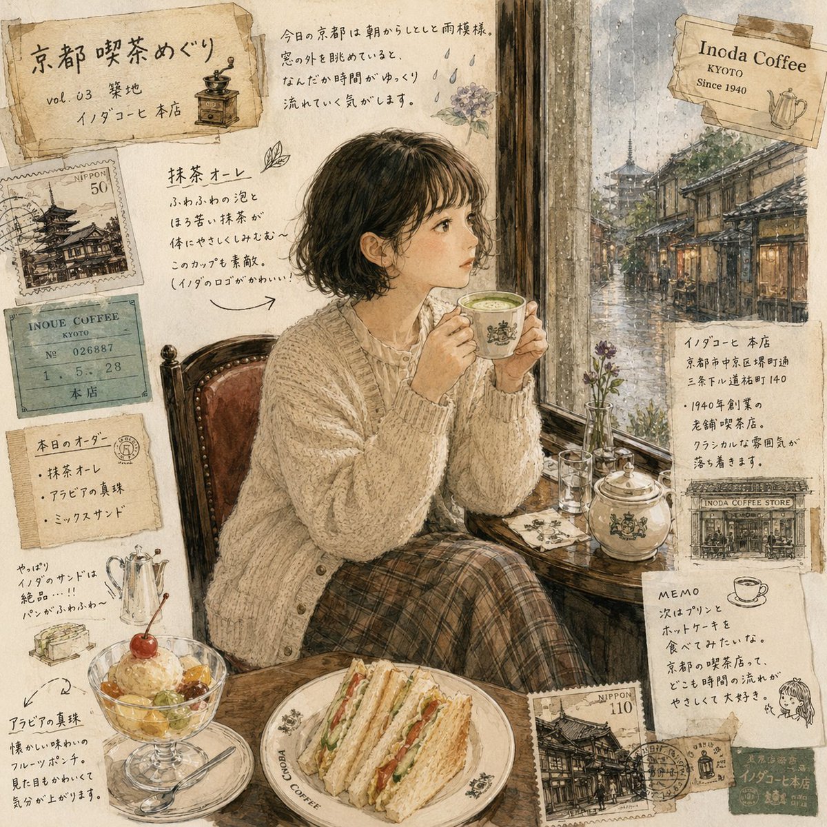 超写实日本女性,坐在京都一家复古咖啡馆内,外面下着雨,身穿米色超大号开衫和格纹长裙,在雾气蒙蒙的窗户旁捧着一杯温热的抹茶拿铁,真实木质内饰搭配复古灯具和手写日语菜单板,电影摄影风格,柔和自然的...