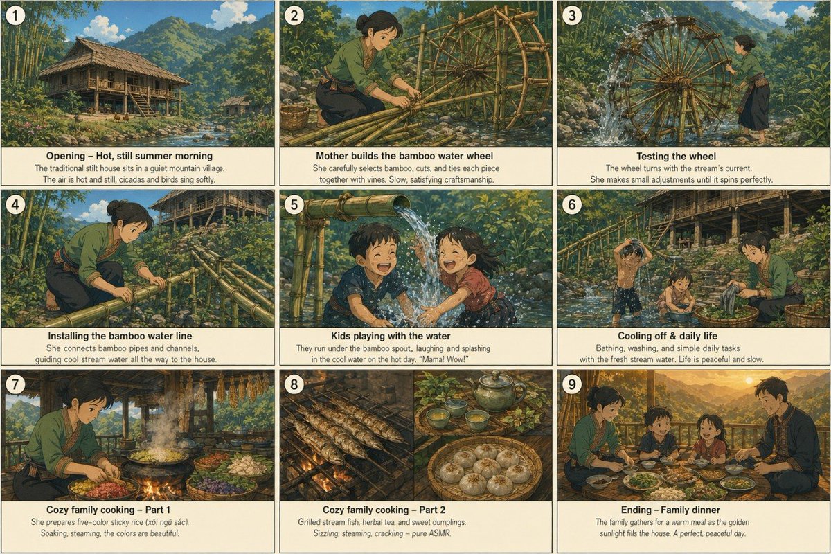 九格手绘分镜脚本，展现山村里一个慵懒温暖的夏日，电影感构图，柔和绘画笔触，细节丰富。分镜从炎热清晨到金色日落依次为：竹林清溪边的传统木质吊脚楼；母亲挑选、捆绑竹子制作大型水轮，特写双手绑藤、凿...