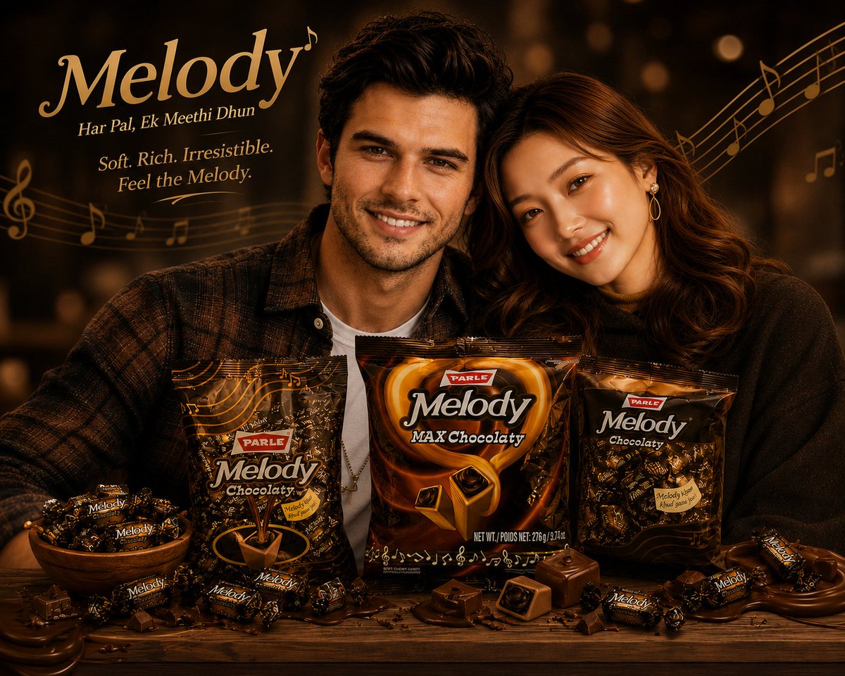 Parle Melody 太妃糖超写实高级商业广告,温暖电影感的巧克力棕色调色,舒适的奢华咖啡馆氛围,背景有金色散景灯光,左侧英俊年轻男子自信微笑,右侧美丽的东亚女子轻轻依偎在他肩上,两人亲密...