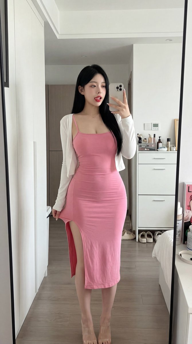 一位20岁出头的年轻东亚女性，长直黑发，肤色白皙，饱满红唇微吐舌头，表情俏皮且带有诱惑，身材曲线玲珑，穿着一件紧身粉色吊带连衣裙并带有高开衩，外搭白色开襟针织开衫，脚踩透明高跟鞋，一只手举着手...