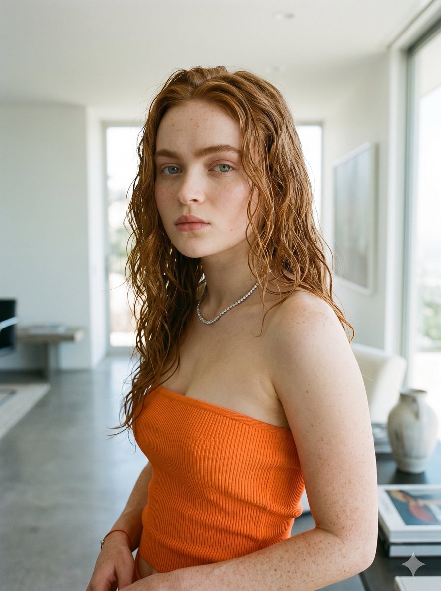 一张高分辨率的室内人像照片,画面中是 Sadie Sink,她直视镜头,表情中性。她有一头长长的、湿润质感的波浪状红发,垂落在肩膀两侧,面部和手臂上可见雀斑。她身穿一件亮橙色的罗纹无肩带抹胸上...