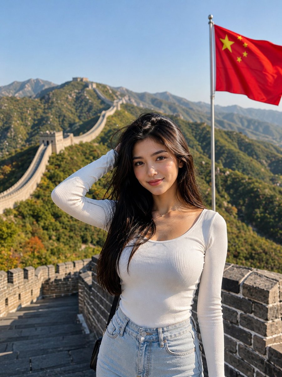 超写实旅行人像：一位美丽的年轻东亚女性站在中国长城上，沐浴在明亮的金色日光中，自信地摆着姿势，带着温柔自然的微笑直视镜头。一只手轻触发丝，姿态放松优雅，现代休闲时尚风格。身着合身罗纹白色长袖上...